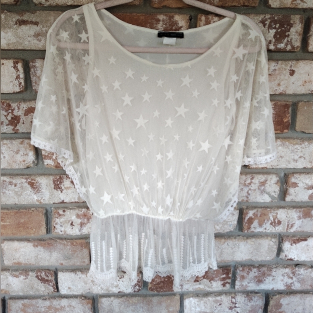 Jennie & Marlis Women's Star Print Mesh Lace Peplum Hem Tunic Top S Petite Boho